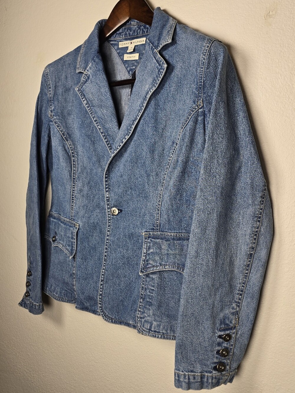 Vintage Tommy Hilfiger Denim Blazer Jacket Size 14 Y2K Blue Stretch Cotton - Picture 3 of 15